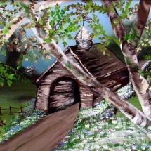 Acrylic painting covered bridge among blooming trees by Bertie McClain.