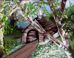 Acrylic painting covered bridge among blooming trees by Bertie McClain.