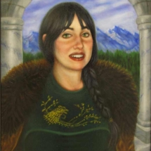 oil painting of a woman in a green sweater and fur stole by artist Thomas Pauley.