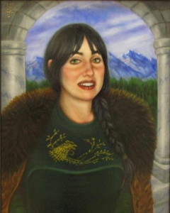 oil painting of a woman in a green sweater and fur stole by artist Thomas Pauley.