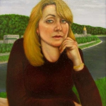 Painting of a blonde woman with a landscape and capital building behind her by Thoma K. Pauley.