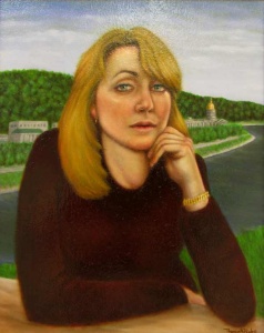 Painting of a blonde woman with a landscape and capital building behind her by Thoma K. Pauley.
