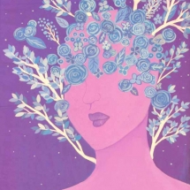 Pink and purple painting of woman with foliage covering her eyes by Lizz Grimsley.