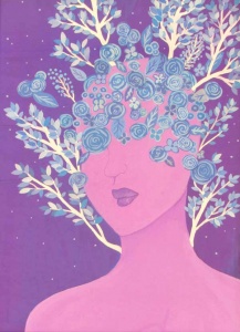 Pink and purple painting of woman with foliage covering her eyes by Lizz Grimsley.