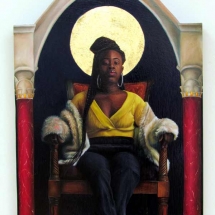 Painting of an enthroned african-american woman with a gold leaf halo by Cecil Norris.