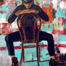 Painting of a woman in a hat straddling a cafe chair by Lucy Warlick.