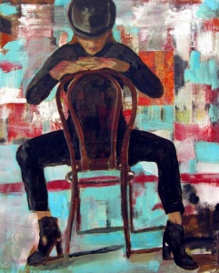 Painting of a woman in a hat straddling a cafe chair by Lucy Warlick.