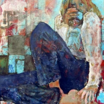 Abstratced painting of a woman seated on the floor drinking by Lucy Warlick.