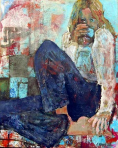 Abstratced painting of a woman seated on the floor drinking by Lucy Warlick.