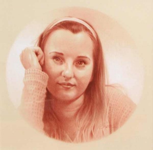 red pencil portrait of a young girl in a circular vignette by artist Todd Baxter.