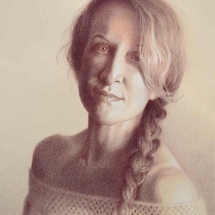 red pencil portrait of a woman in a lace sweater with braided hair by artist Todd Baxter.