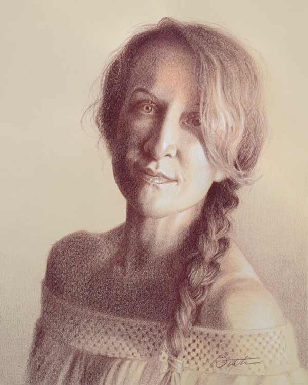 red pencil portrait of a woman in a lace sweater with braided hair by artist Todd Baxter.