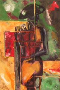 Abstract oil painting of standing woman by artist Varsha Pradhan.