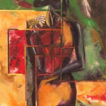 Abstract oil painting of standing woman by artist Varsha Pradhan.