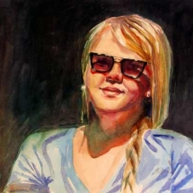 Watercolor of blonde woman in the sunshine by Barbara ONeal Davis.