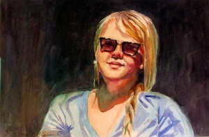 Watercolor of blonde woman in the sunshine by Barbara ONeal Davis.