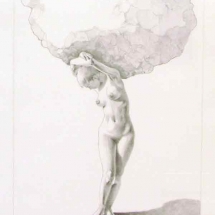 Graphite drawing of nude woman holding a large boulder on her back by Wil Bosbyshell.