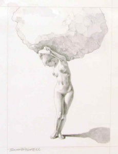 Graphite drawing of nude woman holding a large boulder on her back by Wil Bosbyshell.