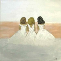 Three women in white dresses painted from behind by Bonnie Parker.