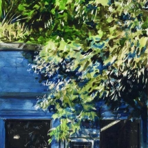 Drawing of blue urban bookstore exterior by Lori McAdams.