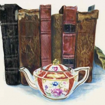 Drawing of ornate teapot in front of 6 antique books by Lori McAdams.