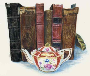 Drawing of ornate teapot in front of 6 antique books by Lori McAdams.