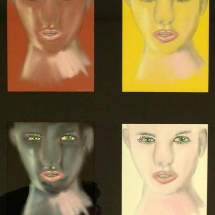 4 views of a woman’s face looking straight ahead each framed against a different color background, red, yellow, black and white drawn by artist Kyliegh Kite.