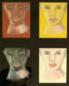 4 views of a woman’s face looking straight ahead each framed against a different color background, red, yellow, black and white drawn by artist Kyliegh Kite.