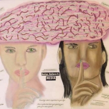 Collage of 2 woman sharing a large pink brain with pasted words by Kyliegh Kite.