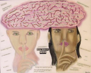 Collage of 2 woman sharing a large pink brain with pasted words by Kyliegh Kite.
