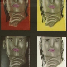 4 views of a woman’s face looking to the viewer’s right, with her hand beneath her chin. Each face is framed against a different color background, red, yellow, black and white drawn by artist Kyliegh Kite.