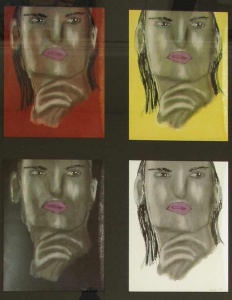 4 views of a woman’s face looking to the viewer’s right, with her hand beneath her chin. Each face is framed against a different color background, red, yellow, black and white drawn by artist Kyliegh Kite.