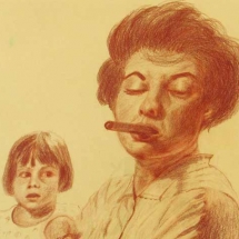 Color pencil drawing of child watching a woman smoke a cigar by Barbara Connor.