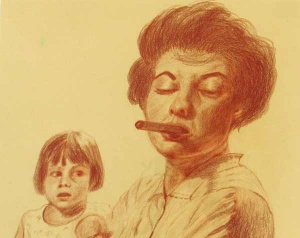 Color pencil drawing of child watching a woman smoke a cigar by Barbara Connor.
