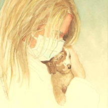 Watercolor of masked woman holding puppy by artist Shirley Brutko.