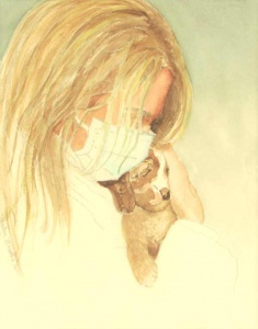 Watercolor of masked woman holding puppy by artist Shirley Brutko.