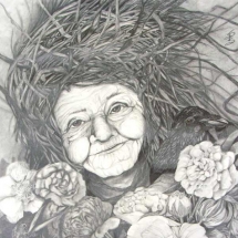 Drawing of old earth mother and flowers by Stacey Pilkington Smith.