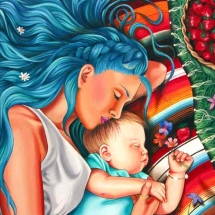 Painting of woman and baby sleeping on Mexican blanket by Dani Blalock.