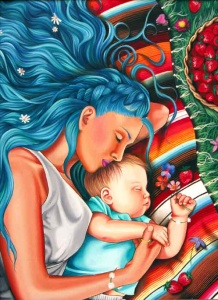 Painting of woman and baby sleeping on Mexican blanket by Dani Blalock.