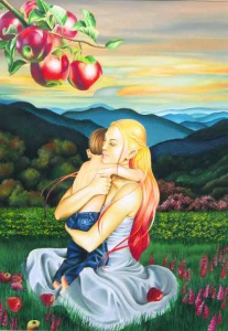 Painting of a woman and hugging a child in a garden beneath apples by Dani Blalock.