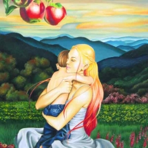 Painting of a woman and hugging a child in a garden beneath apples by Dani Blalock.