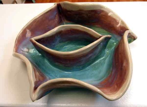 Brown and blue pottery by Amelia Lenke.