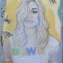 pencil drawing of a woman in a Bowie shirt against a background with hornets.