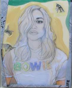 pencil drawing of a woman in a Bowie shirt against a background with hornets.