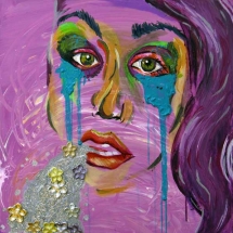 purple painting and collage of a woman artist Amelia Lenke.