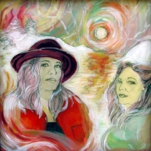 Painting of 2 woman surrounded by white swirls by Amelia Lenke.