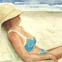 Watercolor of woman in beach chair by artist Shirley Brutko.