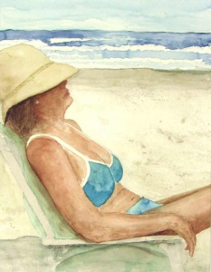 Watercolor of woman in beach chair by artist Shirley Brutko.