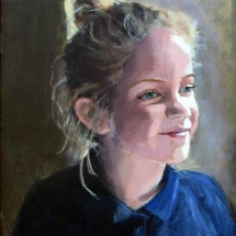 oil painting of a blonde girl in a blue shirt by artist Marie McDow.