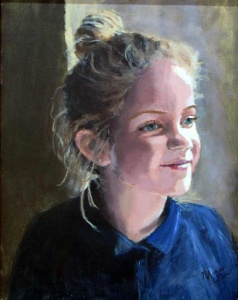 oil painting of a blonde girl in a blue shirt by artist Marie McDow.